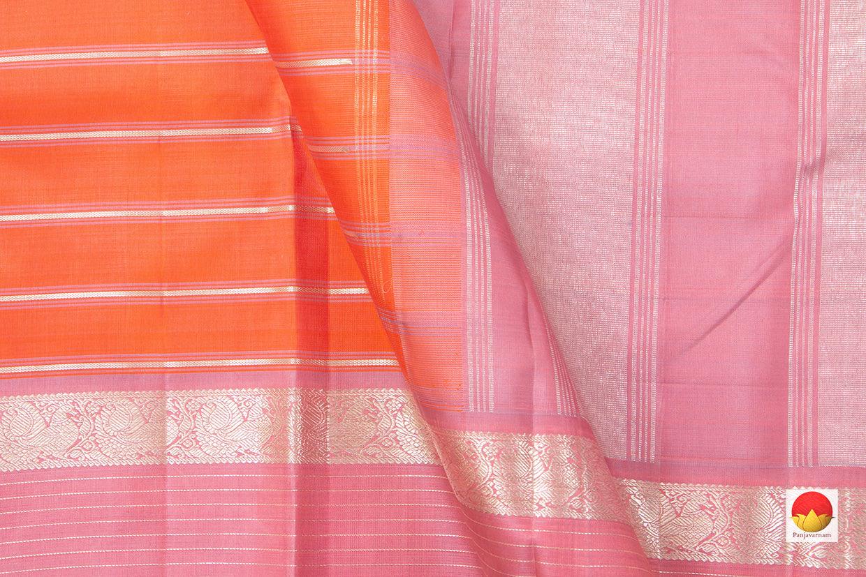 Orange And Pink Kanchipuram Silk Saree With Silver Zari Stripes And Medium Border Handwoven Pure Silk For Party Wear PV NYC 1005 - Silk Sari - Panjavarnam