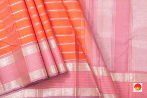 Orange And Pink Kanchipuram Silk Saree With Silver Zari Stripes And Medium Border Handwoven Pure Silk For Party Wear PV NYC 1005 - Silk Sari - Panjavarnam PV NYC 1005