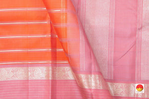 Orange And Pink Kanchipuram Silk Saree With Silver Zari Stripes And Medium Border Handwoven Pure Silk For Party Wear PV NYC 1005 - Silk Sari - Panjavarnam PV NYC 1005