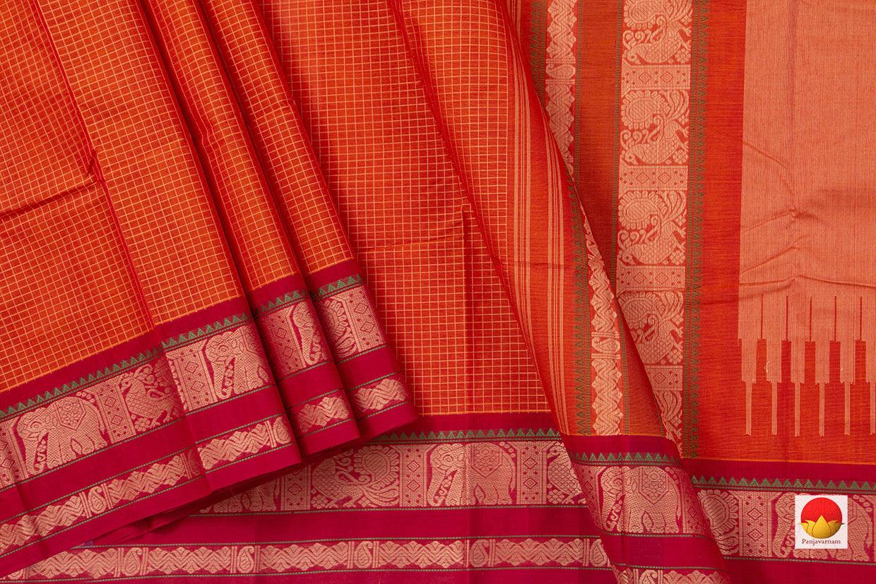 Orange And Red Kanchi Cotton Saree For Office Wear PV KC 364 - Cotton Saree - Panjavarnam PV KC 364