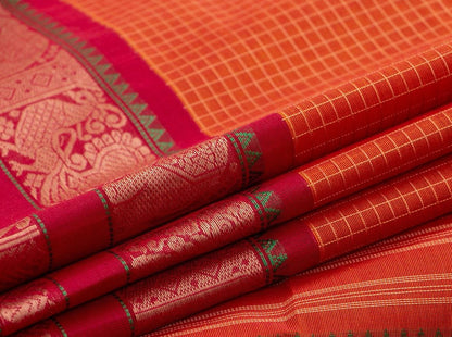 Orange And Red Kanchi Cotton Saree For Office Wear PV KC 364 - Cotton Saree - Panjavarnam PV KC 364