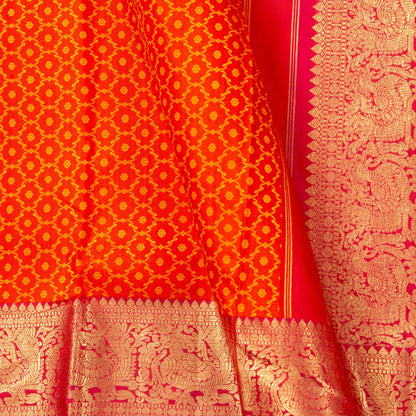 Orange And Red Kanchipuram Silk Saree With Morning Evening Border For Bridal Wear PV NYC 1342 - Silk Sari - Panjavarnam PV NYC 1342