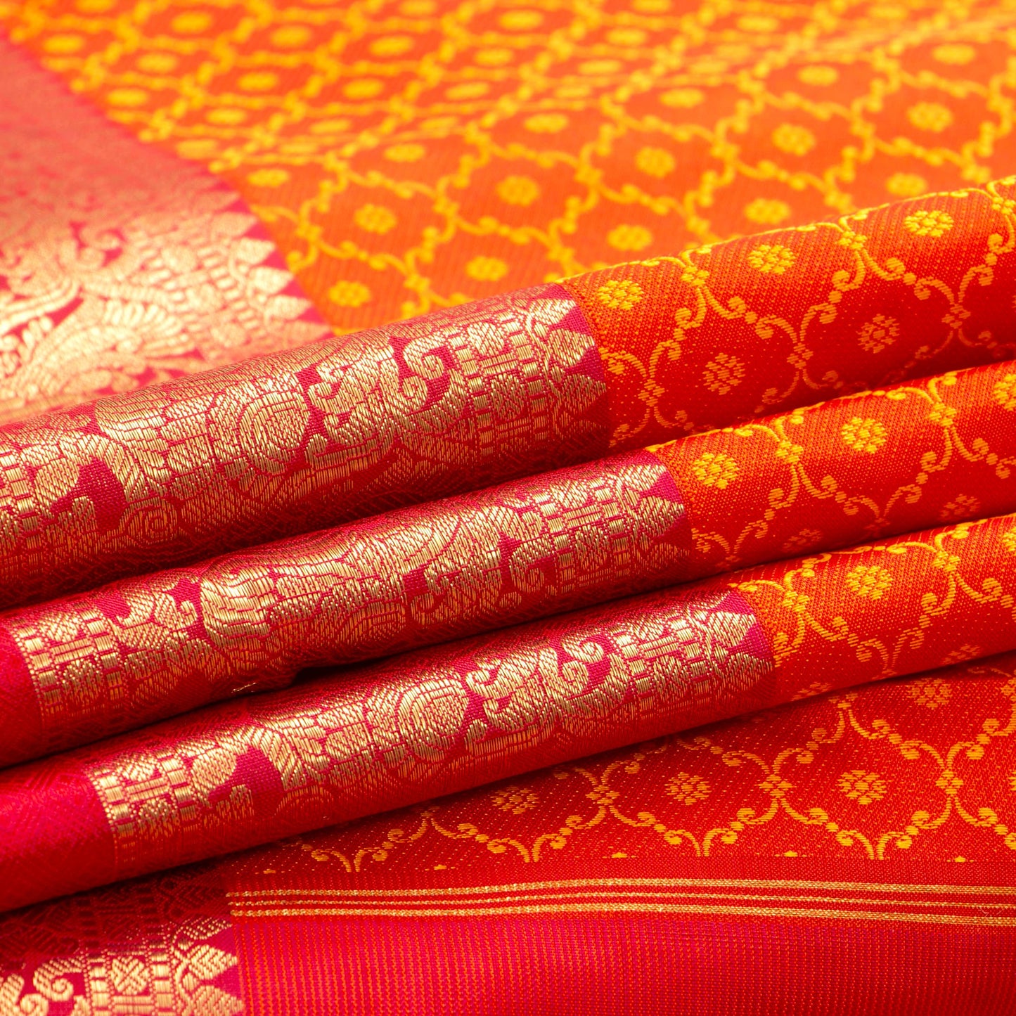 Orange And Red Kanchipuram Silk Saree With Morning Evening Border For Bridal Wear PV NYC 1342 - Silk Sari - Panjavarnam PV NYC 1342