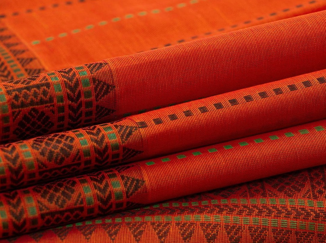 Orange Kanchi Cotton Saree With Silk Thread Border For Office Wear PV KC 385 - Cotton Saree - Panjavarnam PV KC 385