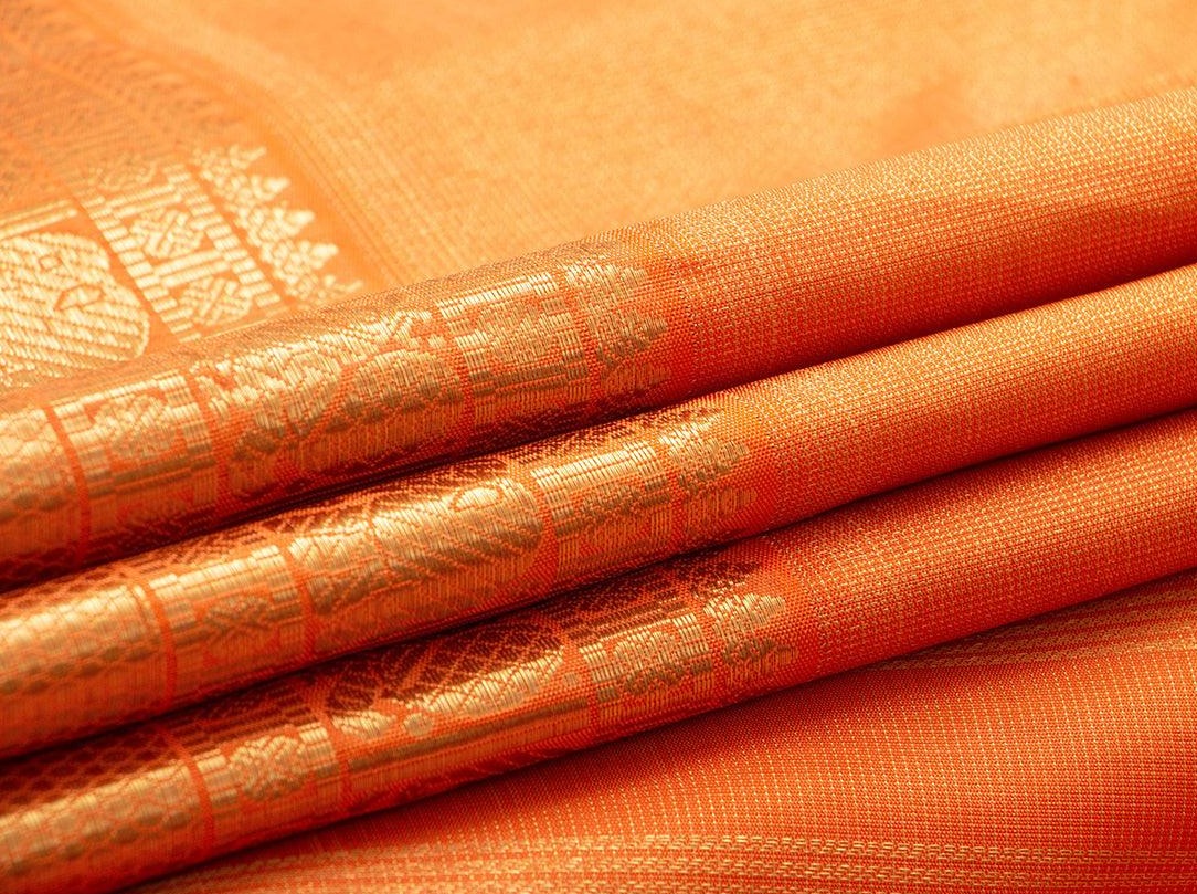 Orange Kanchipuram Silk Saree With Gold Muthu Kattam Handwoven Pure Silk Pure Zari For Bridal Wear PV NYC 961 - Silk Sari - Panjavarnam