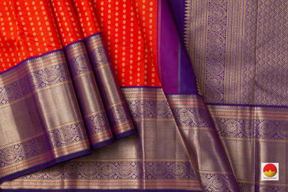 Orange Kanchipuram Silk Saree With Kamalam Motifs And Purple Korvai Border Handwoven Pure Silk Pure Zari For Bridal Wear PV NYC 920 - Silk Sari - Panjavarnam PV NYC 920