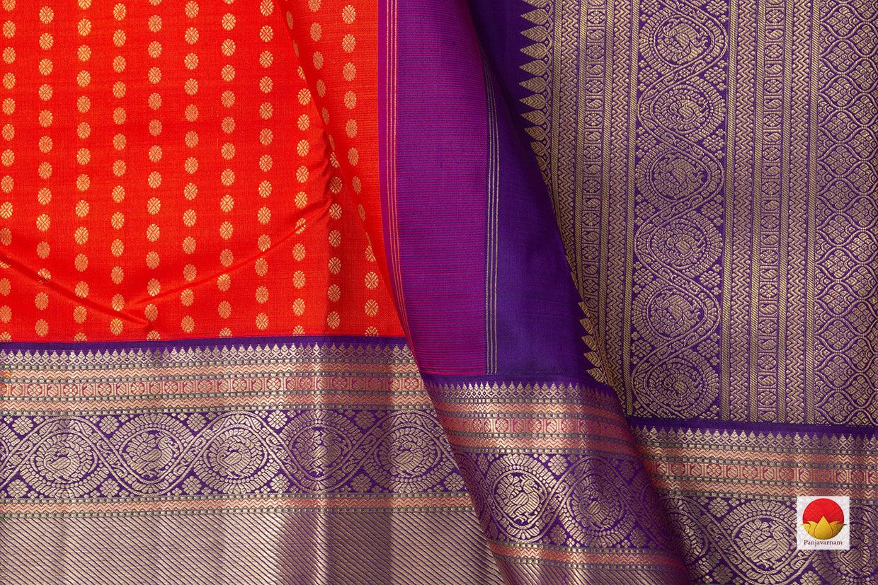 Orange Kanchipuram Silk Saree With Kamalam Motifs And Purple Korvai Border Handwoven Pure Silk Pure Zari For Bridal Wear PV NYC 920 - Silk Sari - Panjavarnam PV NYC 920