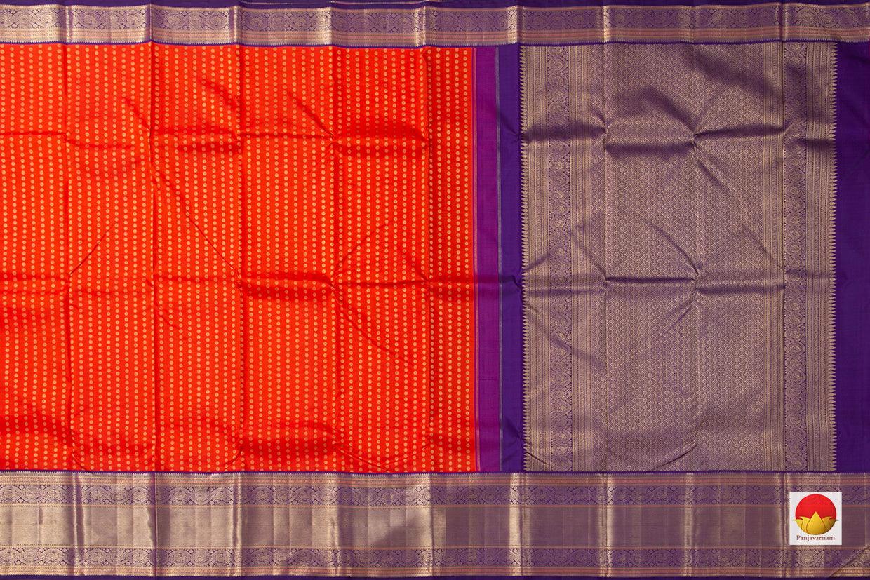 Orange Kanchipuram Silk Saree With Kamalam Motifs And Purple Korvai Border Handwoven Pure Silk Pure Zari For Bridal Wear PV NYC 920 - Silk Sari - Panjavarnam PV NYC 920