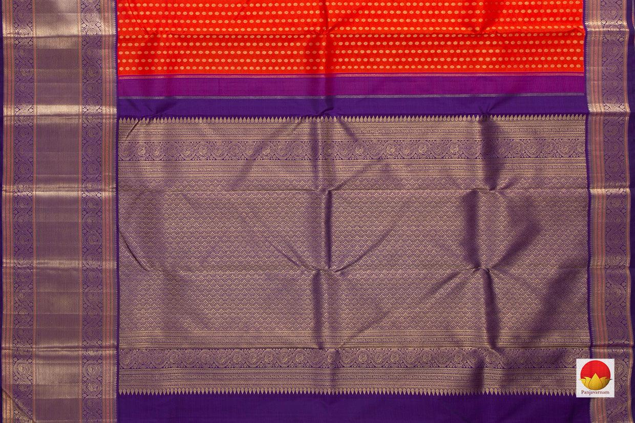 Orange Kanchipuram Silk Saree With Kamalam Motifs And Purple Korvai Border Handwoven Pure Silk Pure Zari For Bridal Wear PV NYC 920 - Silk Sari - Panjavarnam PV NYC 920