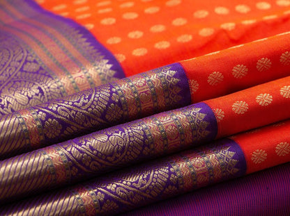 Orange Kanchipuram Silk Saree With Kamalam Motifs And Purple Korvai Border Handwoven Pure Silk Pure Zari For Bridal Wear PV NYC 920 - Silk Sari - Panjavarnam PV NYC 920