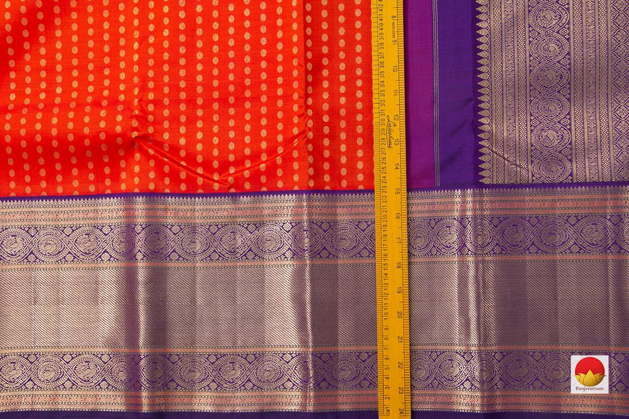 Orange Kanchipuram Silk Saree With Kamalam Motifs And Purple Korvai Border Handwoven Pure Silk Pure Zari For Bridal Wear PV NYC 920 - Silk Sari - Panjavarnam PV NYC 920