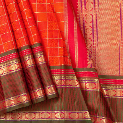 Orange Kanchipuram Silk Saree With Medium Border Handwoven Pure Silk For Wedding Wear PV NYC 1162 - Silk Sari - Panjavarnam PV NYC 1162