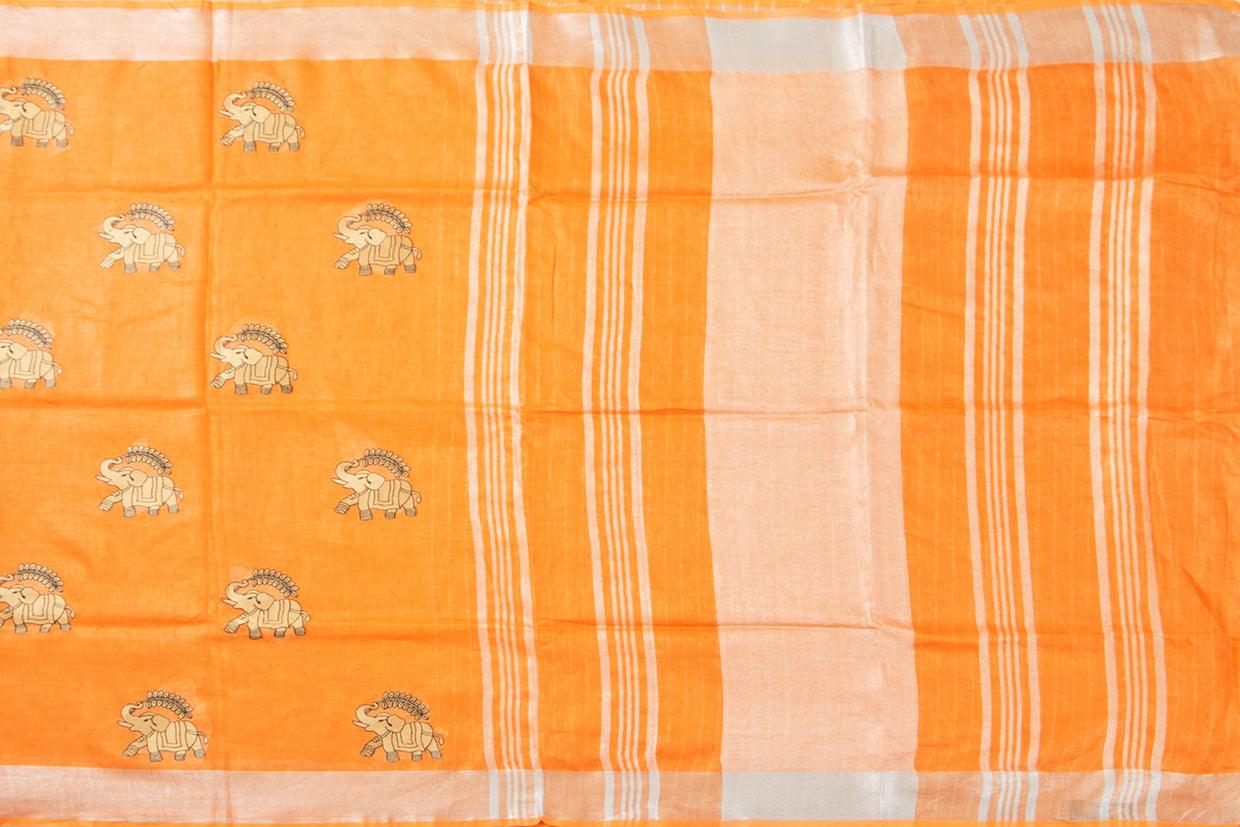 Orange Linen Saree With Embroidery And Silver Zari Border PL 2037 - Linen Sari - Panjavarnam