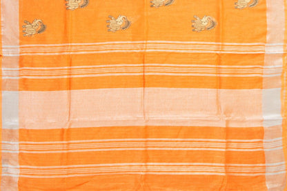 Orange Linen Saree With Embroidery And Silver Zari Border PL 2037 - Linen Sari - Panjavarnam