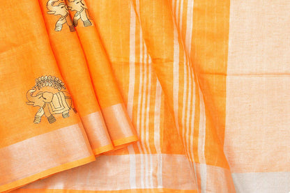 Orange Linen Saree With Embroidery And Silver Zari Border PL 2037 - Linen Sari - Panjavarnam PL 2037