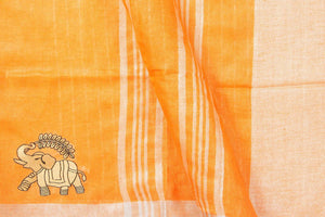 Orange Linen Saree With Embroidery And Silver Zari Border PL 2037 - Linen Sari - Panjavarnam PL 2037