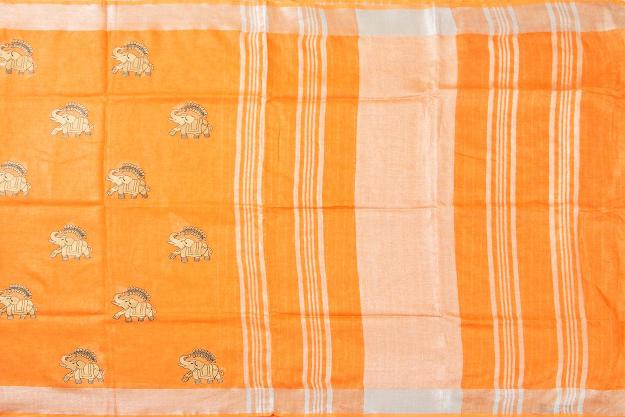 Orange Linen Saree With Embroidery And Silver Zari Border PL 2037 - Linen Sari - Panjavarnam PL 2037