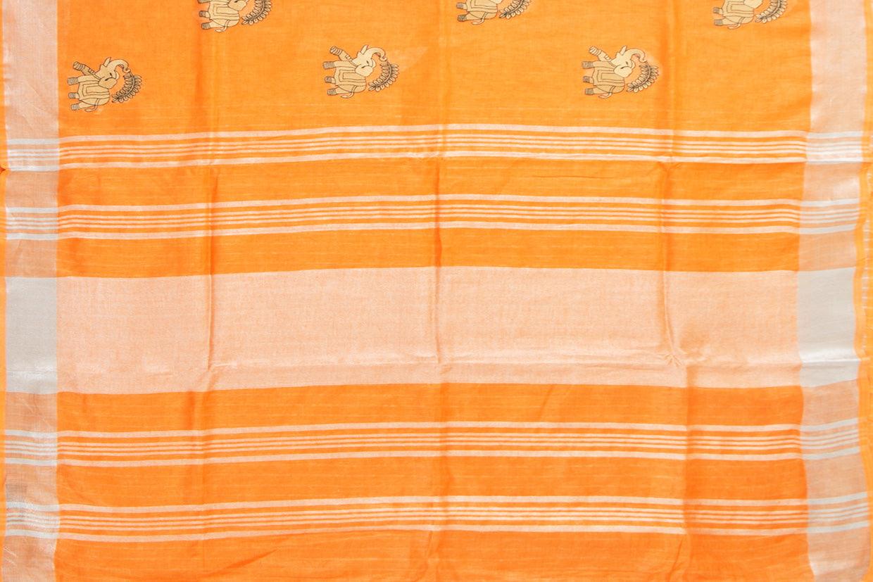 Orange Linen Saree With Embroidery And Silver Zari Border PL 2037 - Linen Sari - Panjavarnam PL 2037