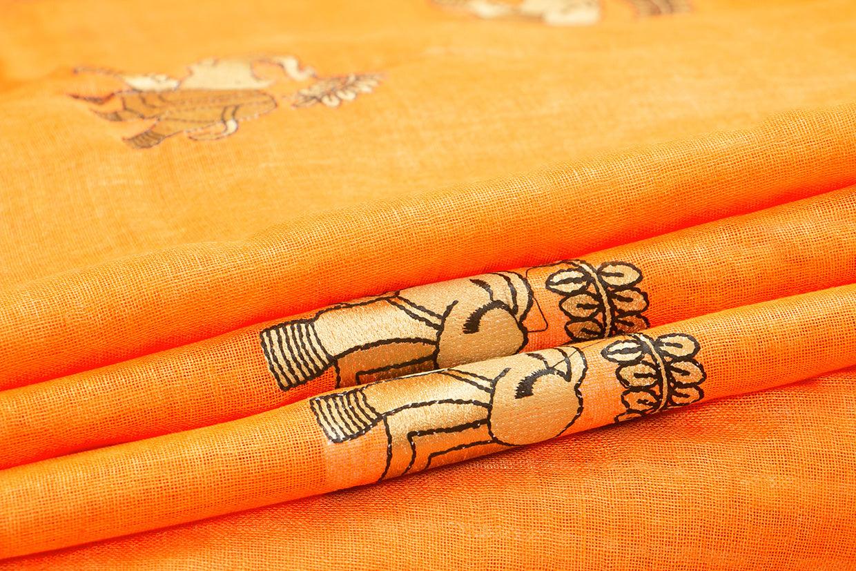 Orange Linen Saree With Embroidery And Silver Zari Border PL 2037 - Linen Sari - Panjavarnam PL 2037