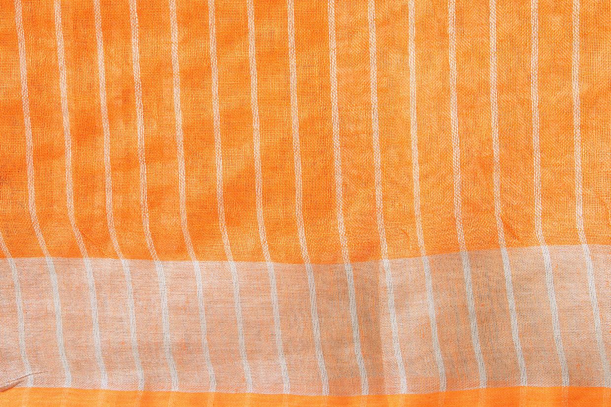 Orange Linen Saree With Embroidery And Silver Zari Border PL 2037 - Linen Sari - Panjavarnam PL 2037