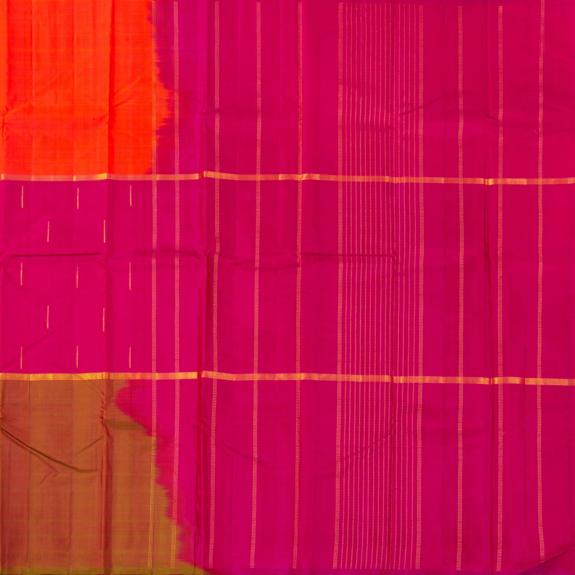 Orange, Pink And Mustard Mubbagam Kanchipuram Silk Saree For Festive Wear PV 2048 - Silk Sari - Panjavarnam PV 2048