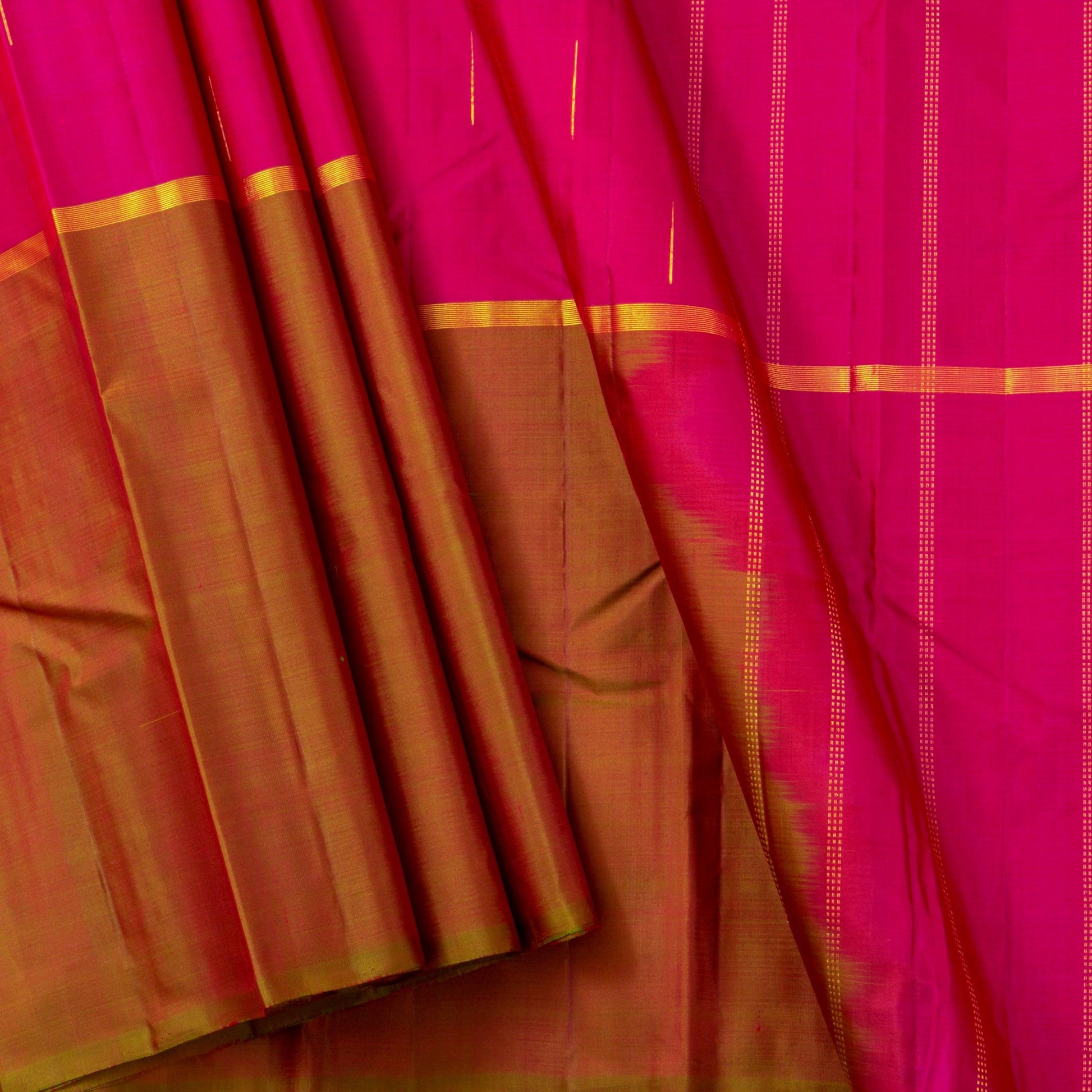 Orange, Pink And Mustard Mubbagam Kanchipuram Silk Saree For Festive Wear PV 2048 - Silk Sari - Panjavarnam PV 2048