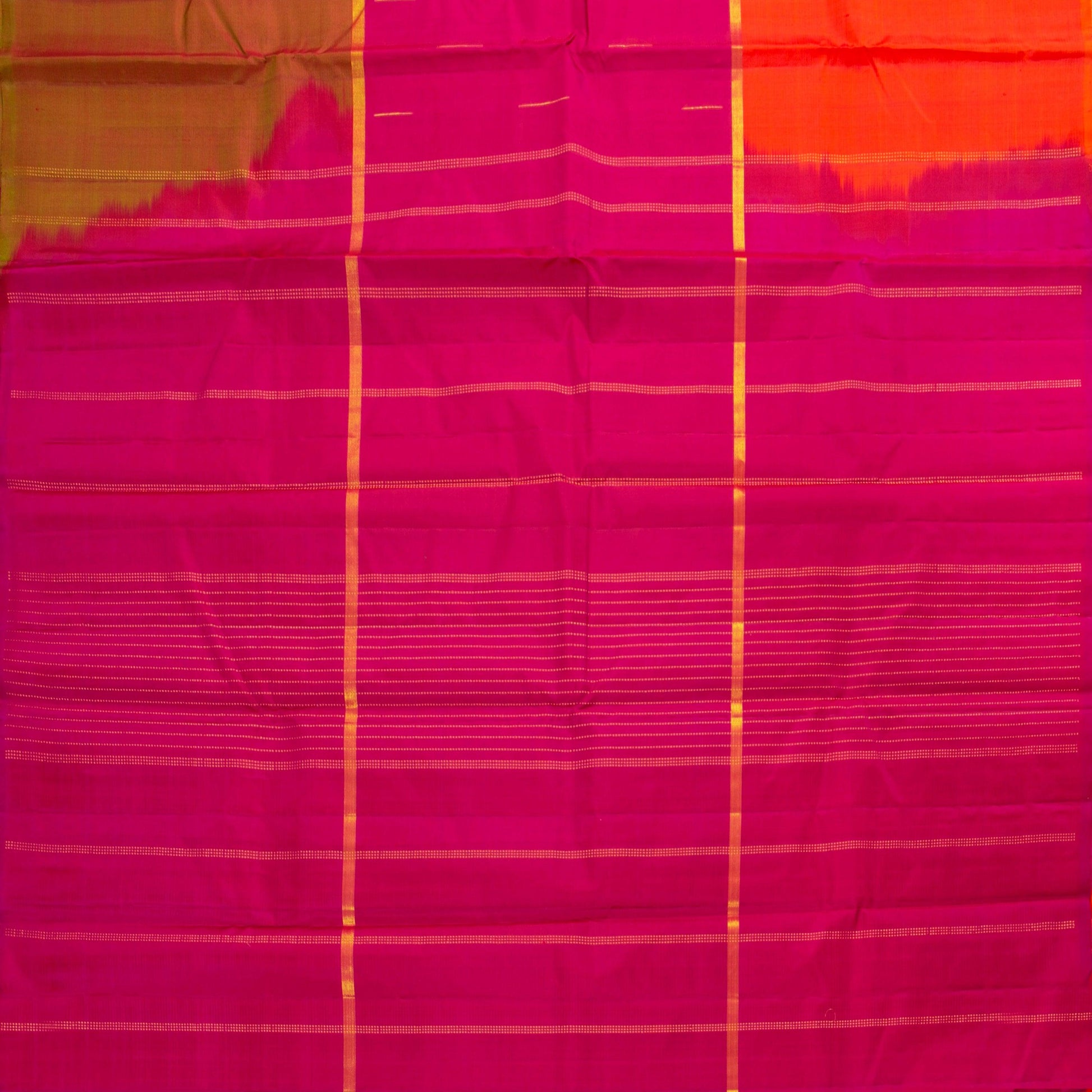 Orange, Pink And Mustard Mubbagam Kanchipuram Silk Saree For Festive Wear PV 2048 - Silk Sari - Panjavarnam PV 2048
