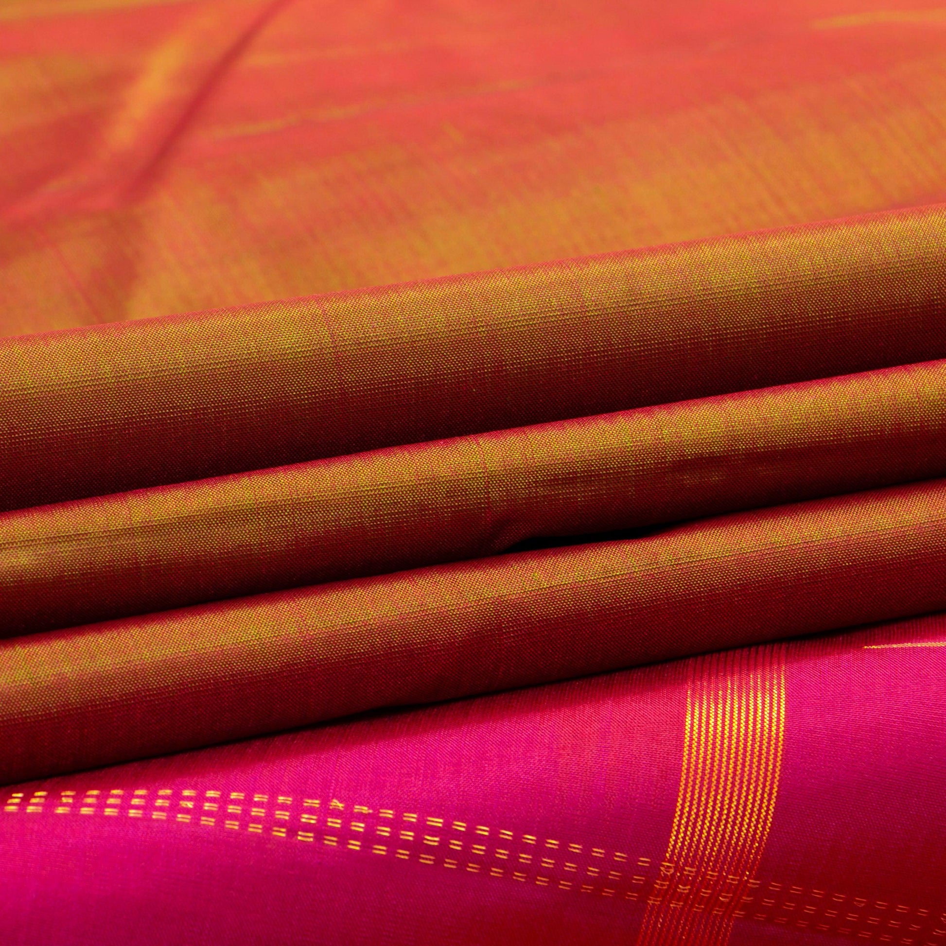 Orange, Pink And Mustard Mubbagam Kanchipuram Silk Saree For Festive Wear PV 2048 - Silk Sari - Panjavarnam PV 2048