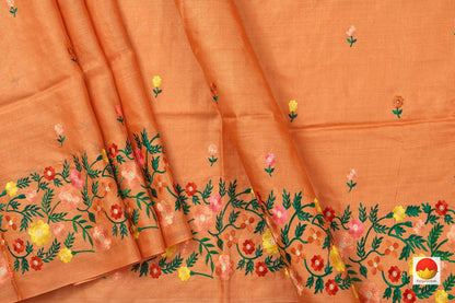 Orange Yellow Pure Tussar Silk Saree With Embroidery Border Handwoven For Casual Wear PT 751 - Tussar Silk - Panjavarnam PT 751