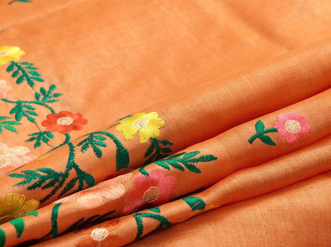 Orange Yellow Pure Tussar Silk Saree With Embroidery Border Handwoven For Casual Wear PT 751 - Tussar Silk - Panjavarnam PT 751