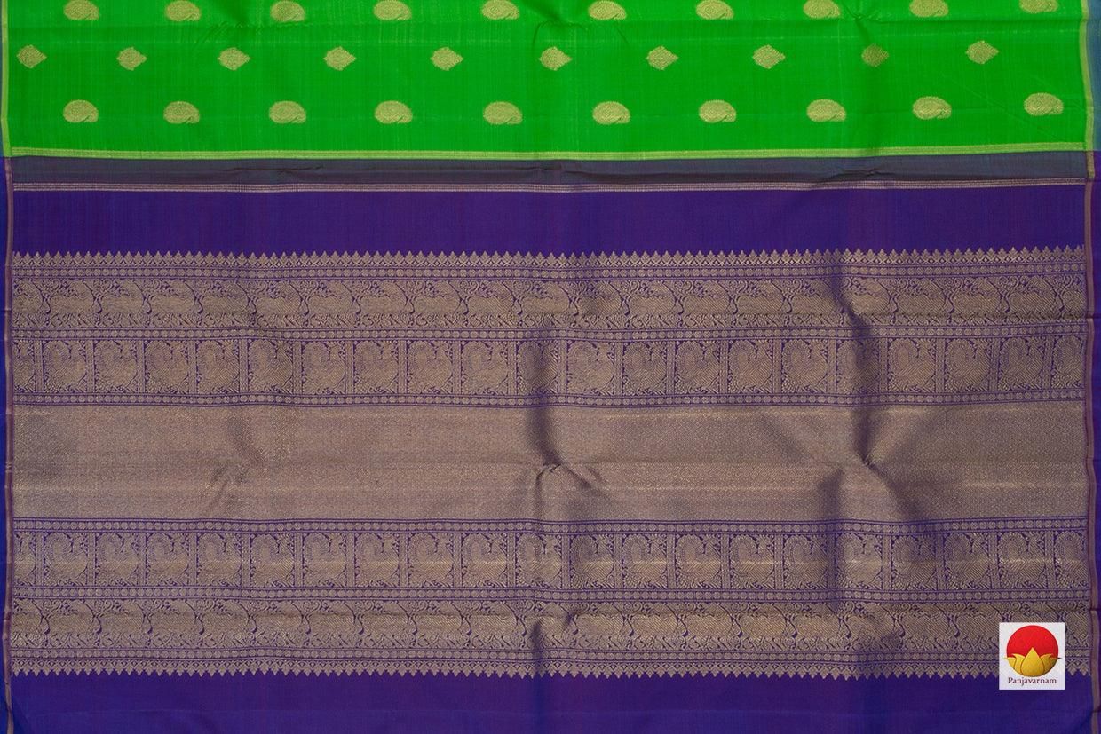 Parrot Green And Blue Borderless Original Kanchipuram Silk Saree Handwoven Pure Silk Pure Zari For Festive Wear PV GTA 38 - Silk Sari - Panjavarnam