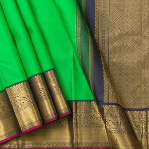 Parrot Green And Blue Kanjivaram Silk Saree With Medium Border Handwoven Pure Silk For Festive Wear PV J 2954 - Silk Sari - Panjavarnam PV J 2954