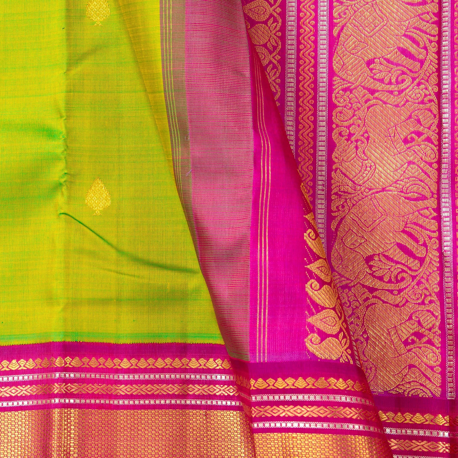 Parrot Green And Pink Kanchipuram Silk Saree For Wedding Wear PV J 5207 - Silk Sari - Panjavarnam PV J 5207
