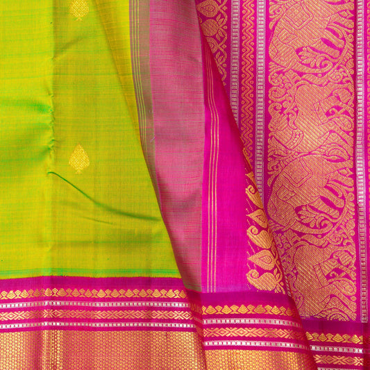 Parrot Green And Pink Kanchipuram Silk Saree For Wedding Wear PV J 5207 - Silk Sari - Panjavarnam PV J 5207