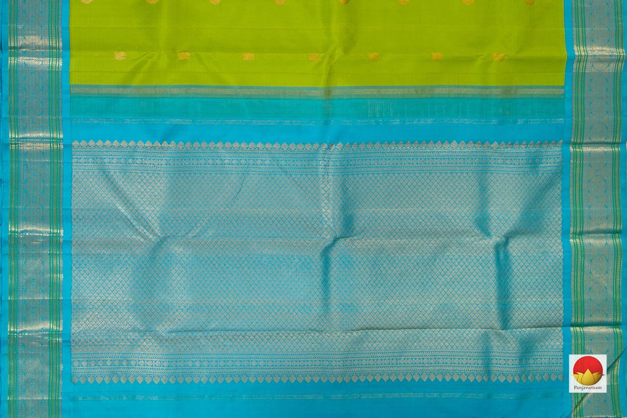 Parrot Green Kanchipuram Silk Saree With Ananda Blue Korvai Border Handwoven Pure Silk Pure Zari For Festive Wear PV J 7222 - Silk Sari - Panjavarnam