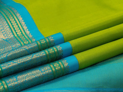 Parrot Green Kanchipuram Silk Saree With Ananda Blue Korvai Border Handwoven Pure Silk Pure Zari For Festive Wear PV J 7222 - Silk Sari - Panjavarnam