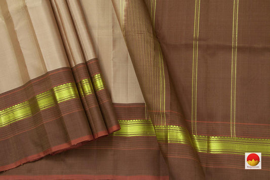 pastel Beige Kanchipuram Silk Saree Handwoven Pure Silk Light Weight With Medium Border Office Wear PV KNN 159 - Silk Sari - Panjavarnam