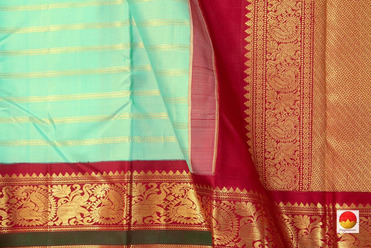 Pastel Green And Red Kanchipuram Silk Saree With Medium Border Handwoven Pure Silk For Festive Wear PV J 228 - Silk Sari - Panjavarnam