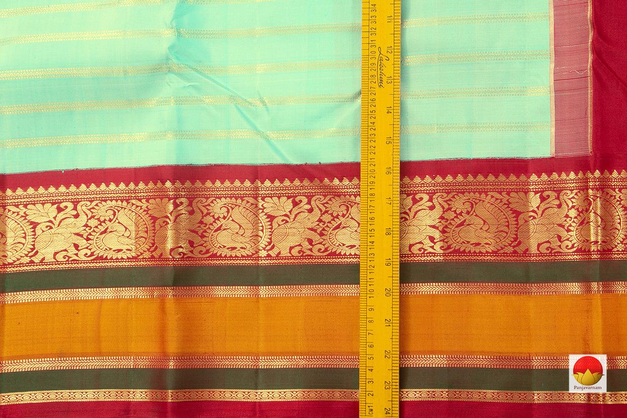 Pastel Green And Red Kanchipuram Silk Saree With Medium Border Handwoven Pure Silk For Festive Wear PV J 228 - Silk Sari - Panjavarnam