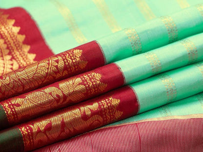 Pastel Green And Red Kanchipuram Silk Saree With Medium Border Handwoven Pure Silk For Festive Wear PV J 228 - Silk Sari - Panjavarnam PV J 228