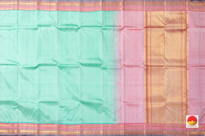 Pastel Green Kanchipuram Silk Saree With Pastel Pink Border Handwoven Pure Silk Pure Zari For Festive Wear PV SA 2032 - Silk Sari - Panjavarnam