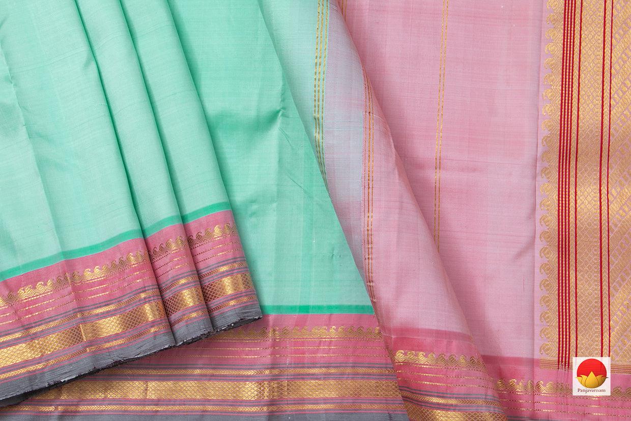 Pastel Green Kanchipuram Silk Saree With Pastel Pink Border Handwoven Pure Silk Pure Zari For Festive Wear PV SA 2032 - Silk Sari - Panjavarnam PV SA 2032