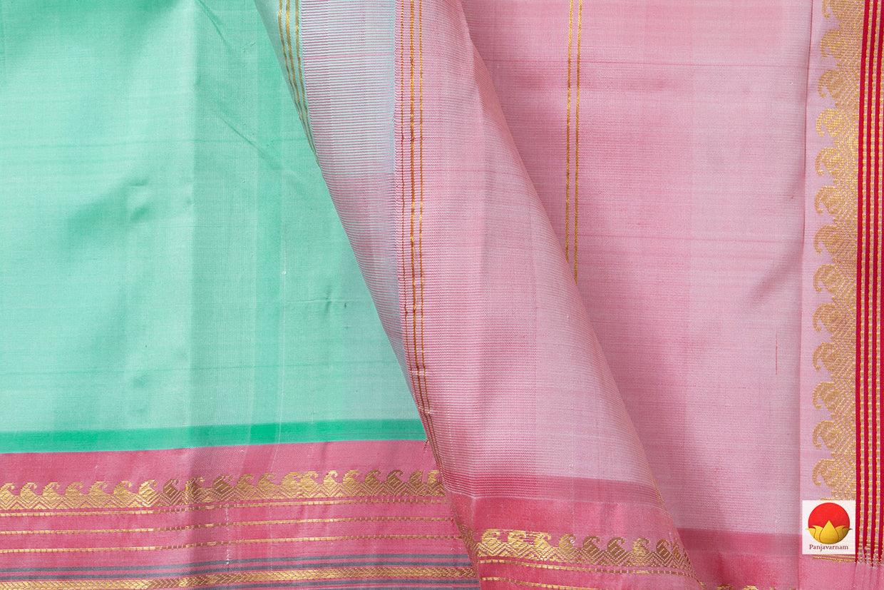 Pastel Green Kanchipuram Silk Saree With Pastel Pink Border Handwoven Pure Silk Pure Zari For Festive Wear PV SA 2032 - Silk Sari - Panjavarnam PV SA 2032