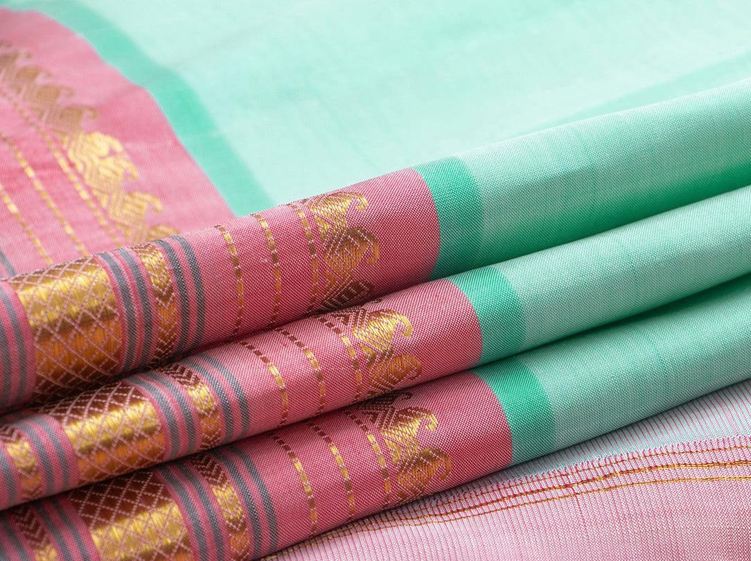 Pastel Green Kanchipuram Silk Saree With Pastel Pink Border Handwoven Pure Silk Pure Zari For Festive Wear PV SA 2032 - Silk Sari - Panjavarnam PV SA 2032