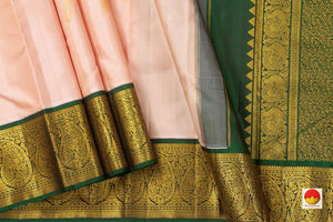 Pastel Peach And green Kanchipuram Silk Saree With Medium Border Handwoven Pure Silk For Wedding Wear PV NYC 1054 - Silk Sari - Panjavarnam PV NYC 1054