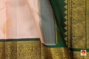 Pastel Peach And green Kanchipuram Silk Saree With Medium Border Handwoven Pure Silk For Wedding Wear PV NYC 1054 - Silk Sari - Panjavarnam PV NYC 1054