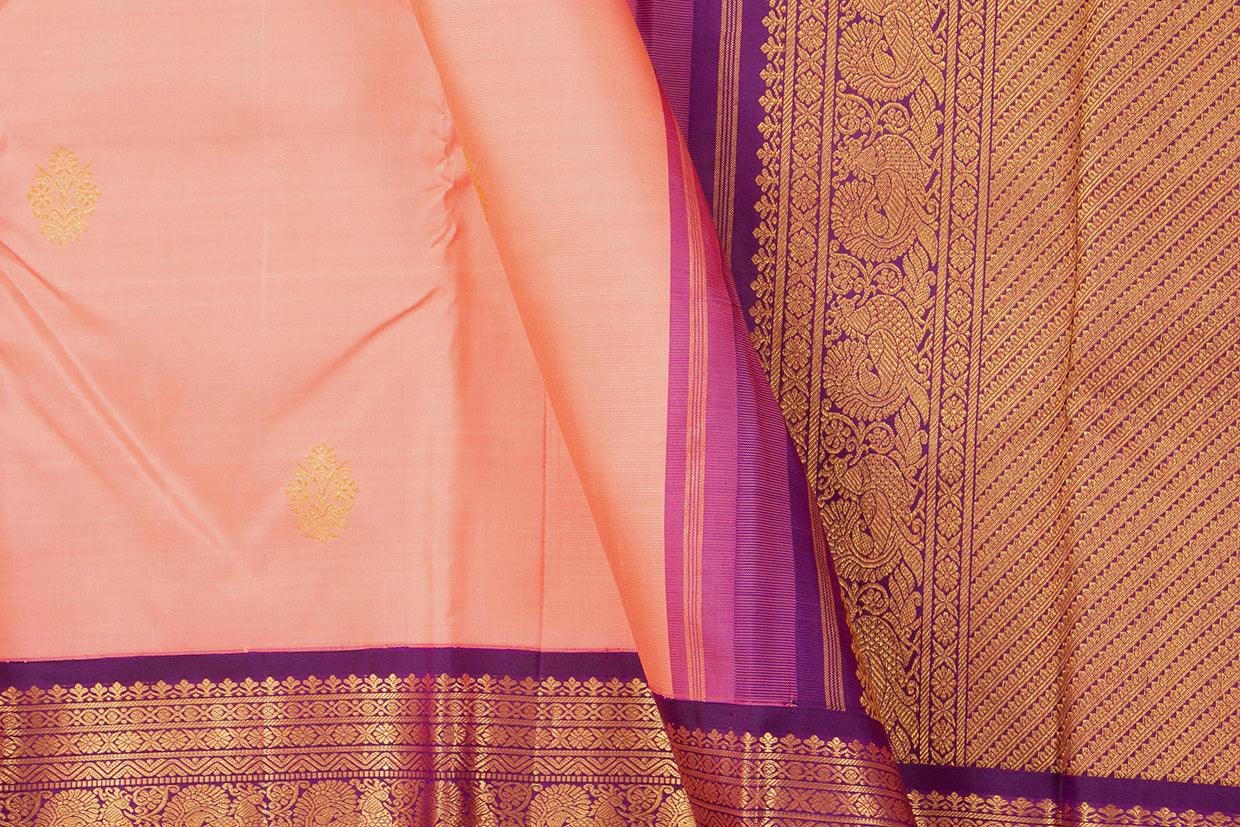 Pastel Peach And Purple Kanchipuram Silk Saree With Medium Border Handwoven Pure Silk For Wedding Wear PV J 569 - Silk Sari - Panjavarnam PV J 569