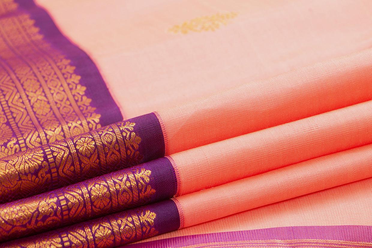 Pastel Peach And Purple Kanchipuram Silk Saree With Medium Border Handwoven Pure Silk For Wedding Wear PV J 569 - Silk Sari - Panjavarnam PV J 569