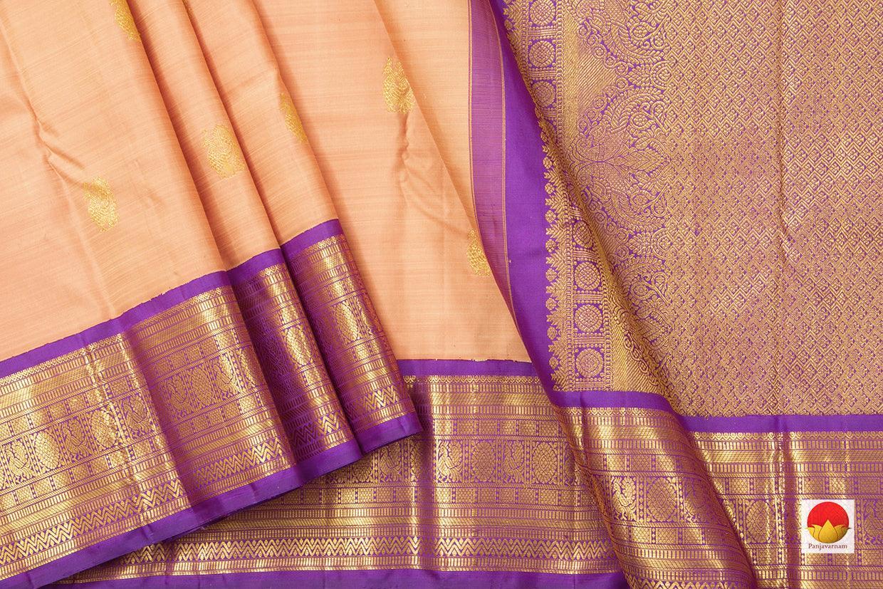 Pastel Peach And Violet Zari Butta Original Kanchipuram Silk Saree With Medium Border Handwoven Pure Silk For Wedding Wear PV NYC 1024 - Silk Sari - Panjavarnam PV NYC 1024