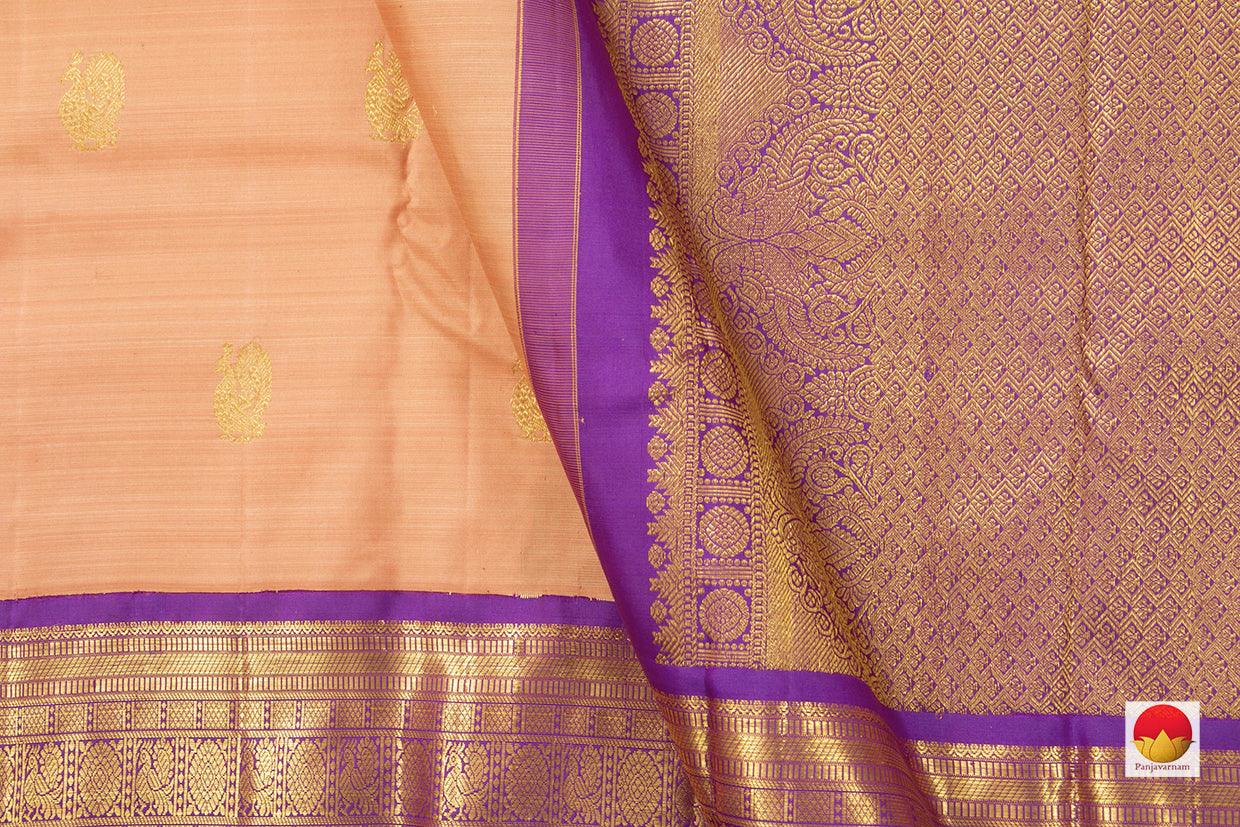 Pastel Peach And Violet Zari Butta Original Kanchipuram Silk Saree With Medium Border Handwoven Pure Silk For Wedding Wear PV NYC 1024 - Silk Sari - Panjavarnam PV NYC 1024